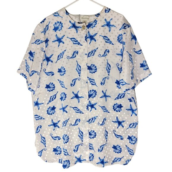 Maggie Barnes Seashell Satin Beach Coverup Blue White Shell Button Size 20W - Picture 1 of 10